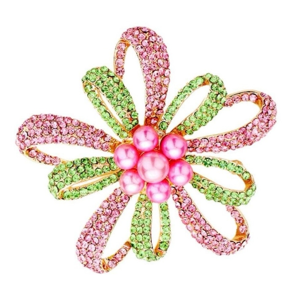 Pink & Green Floral Rhinestone Brooch